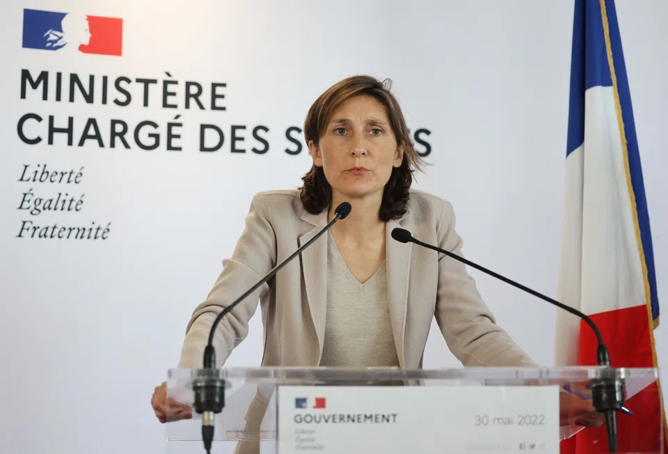 French Sports Minister Amelie Oudea-Castera speaks after a meeting at French sports ministry in Paris to identify those responsible for unrest during the UEFA Champions League football final.