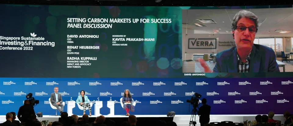 (From left) South Pole's Renat Heuberger; New Forests' Radha Kuppalli; Mandai Nature CEO Kavita Prakash-Mani; and Verra CEO David Antonioli speaking at the Singapore Sustainable Investing and Financing Conference as part of Ecosperity Week 2022.