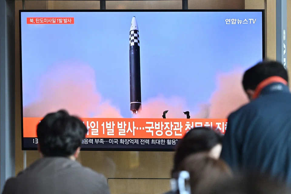 A news broadcast with file footage of a North Korean missile test, at a railway station in Seoul on May 4, 2022. 
