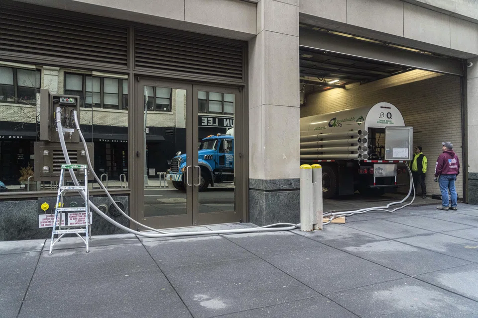 Every week or so, a small tanker truck pulls up to the Grand Tier and workers connect a hose to the side of the building that sucks out the liquid carbon.