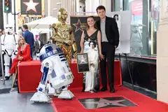 Actress Billie Lourd (left) and her husband Austen Rydell at a ceremony honouring her mother, Carrie Fisher who was posthumously awarded a star on the Hollywood Walk of Fame, Hollywood, California, May 4, 2023. 