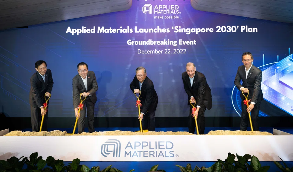 From left: KC Ong, corporate vice-president, Worldwide Manufacturing, Applied Materials; Beh Swan Gin, chairman, Economic Development Board; Gan Kim Yong, Minister for Trade and Industry; Gary Dickerson, president and CEO, Applied Materials; and Brian Tan, regional president (South-east Asia), Applied Materials, at the groundbreaking ceremony for the US chipmaker's new facility.