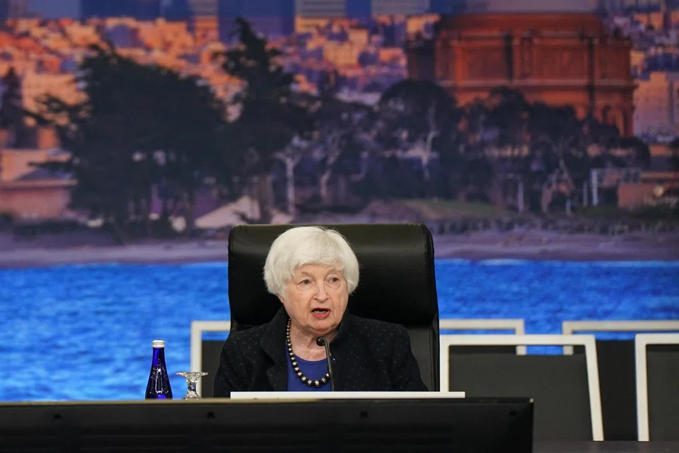 US Treasury Secretary Janet Yellen delivers opening remarks during the first session of the Apec Finance Ministers Meeting in San Francisco, California, Nov 13, 2023. 