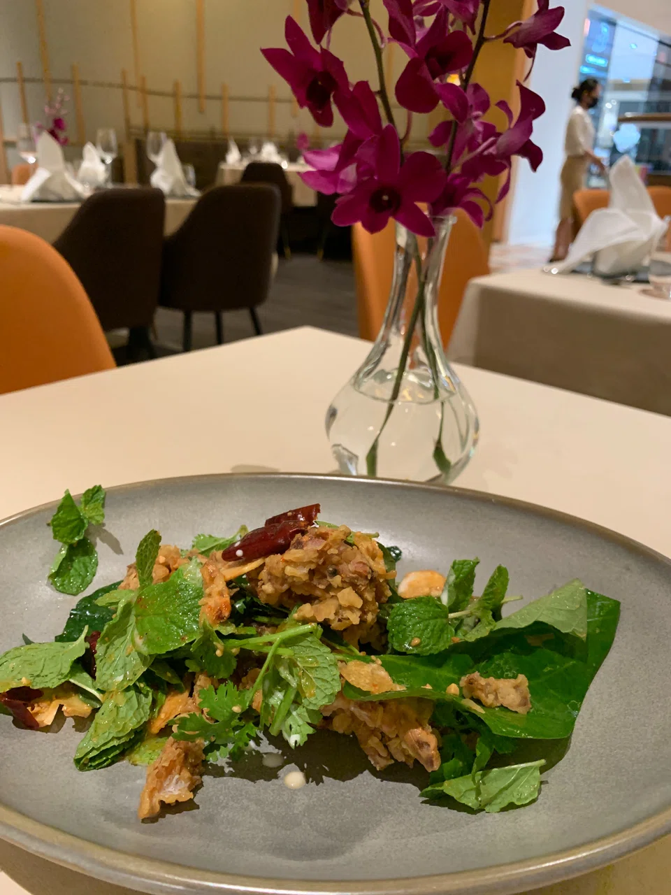 Pomelo salad with soft shell crab but without the pomelo.
