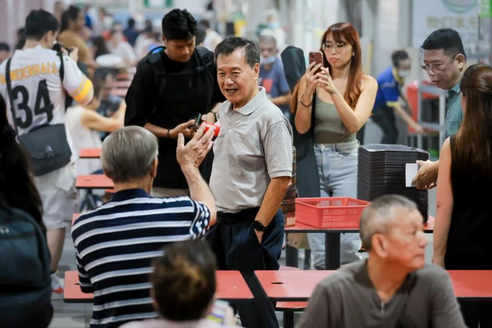 Presidential candidate Tan Kin Lian greeting patrons and stall vendors at ABC Brickworks Market and Food Centre on Aug 23, 2023.