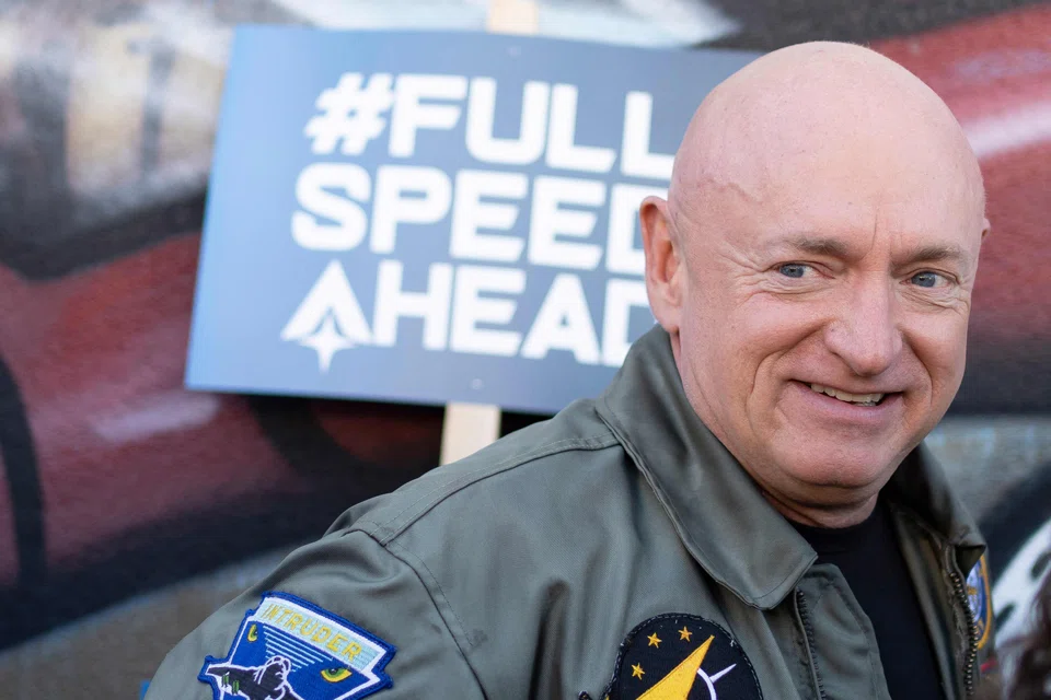 US Senator Mark Kelly (D-AZ) celebrates his election victory at a press conference outside Barrio Cafe in Phoenix, Arizona. 
