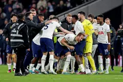 Tottenham Hotspur players celebrate with Harry Kane after he became Tottenham Hotspur's all-time top goalscorer, London, Britain, Feb 6, 2023.    