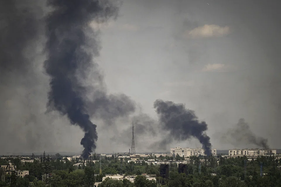 Smoke rises in the city of Severodonetsk during heavy fightings between Ukrainian and Russian troops at eastern Ukrainian region of Donbas on May 30, 2022.