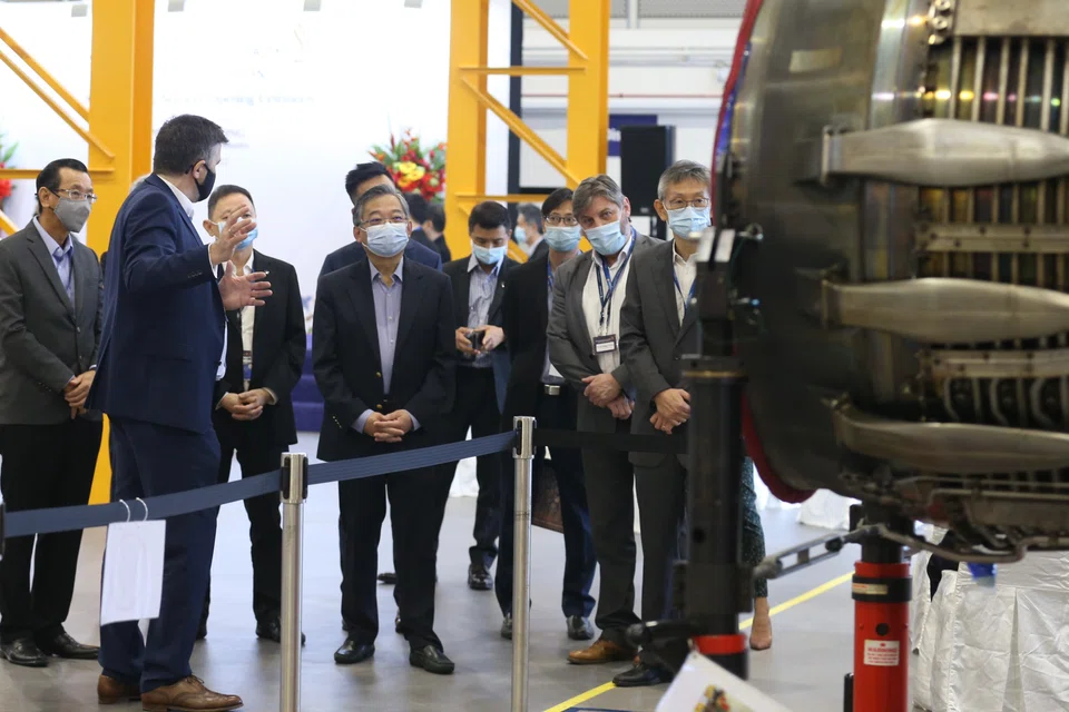 Trade and Industry Minister Gan Kim Yong at SIA Engineering’s new S$9 million facility in Changi North on Feb 18, 2022.