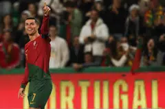 Portugal's forward Cristiano Ronaldo celebrates scoring his team's third goal during the Uefa Euro 2024 qualification match between Portugal and Liechtenstein at the Jose Alvalade stadium in Lisbon, Portugal, March 23, 2023.