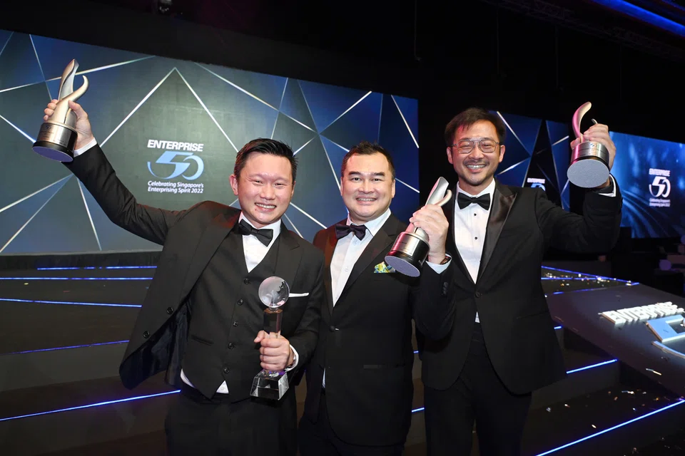 From left: Frank Chen, founder and managing director of BR Metals; Victor Yeap, managing director of Yeap Medical Supplies; and Li Xiaowen, deputy managing director of Apro Asian Protection, at the Enterprise 50 Awards on Wednesday.