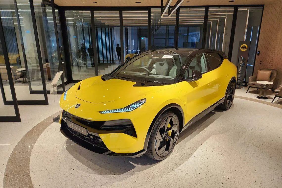 The Lotus Eletre electric SUV on display at Wearnes Automotive at a media preview in Singapore.  