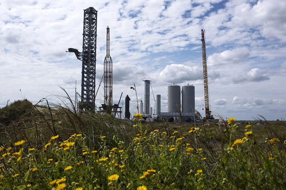 The SpaceX Starbase launch facility under construction in Boca Chica, Texas. 