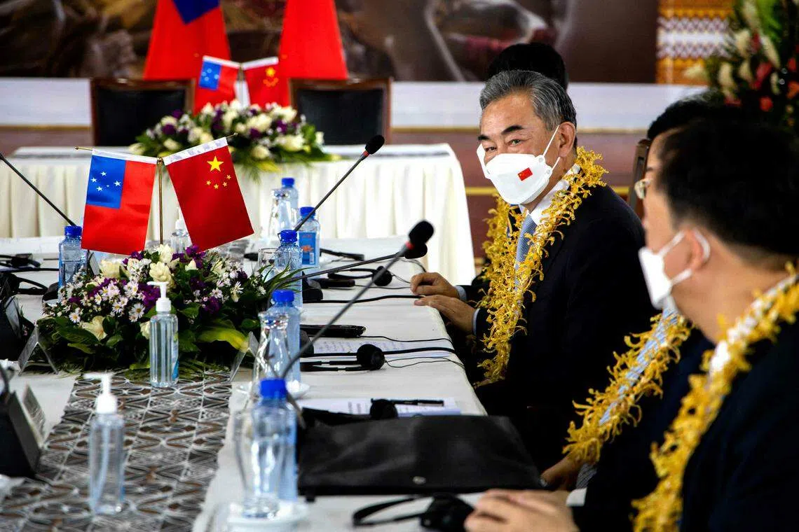 Chinese Foreign Minister Wang Yi during a meeting with Samoa Prime Minister Fiame Naomi Mataafa on May 28.