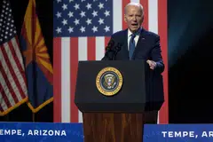 US President Joe Biden gives a speech at the Tempe Centre for the Arts in Tempe, Arizona, Sept 28, 2023.