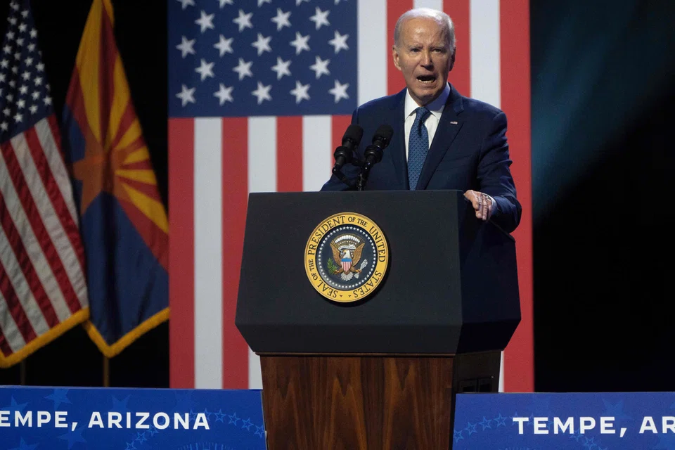 US President Joe Biden gives a speech at the Tempe Centre for the Arts in Tempe, Arizona, Sept 28, 2023.