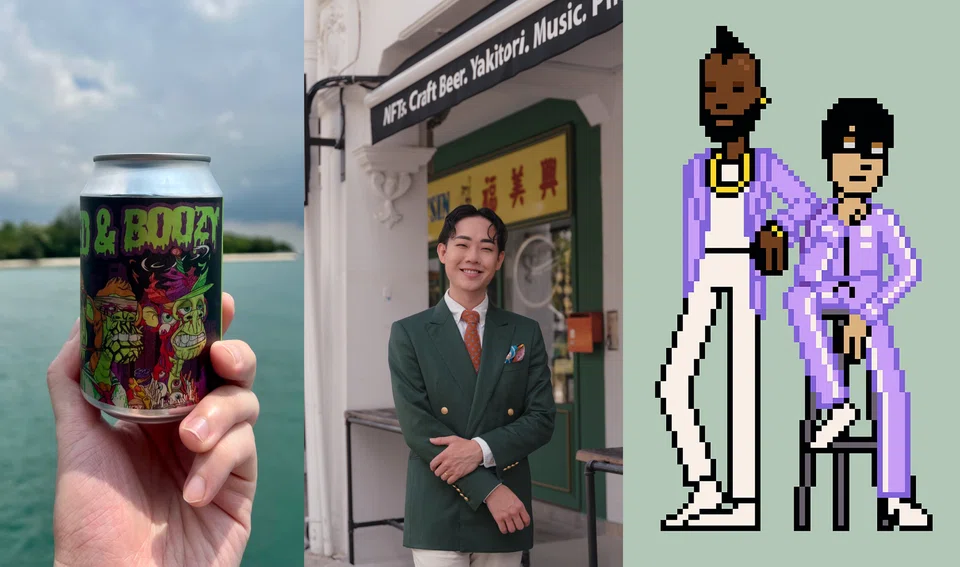 Creative entrepreneur Jaye Foo (centre) launches the Bored And Boozy beer (left) featuring Bored Apes avatars, as well as a virtual band called Manifest featuring CryptoPunk avatars (right). He and fellow NFT enthusiasts often meet at The Parlour (centre), an "NFT bar and lounge" which Foo owns to discuss how to monetise their NFTs. 