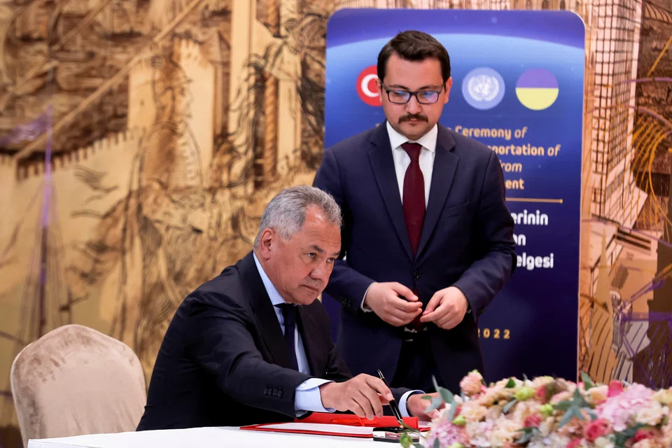 Russian Defence Minister Sergei Shoigu attends a signing ceremony in Istanbul to seal a landmark deal on Friday(Jul 22) to reopen Ukrainian Black Sea ports for grain exports.
