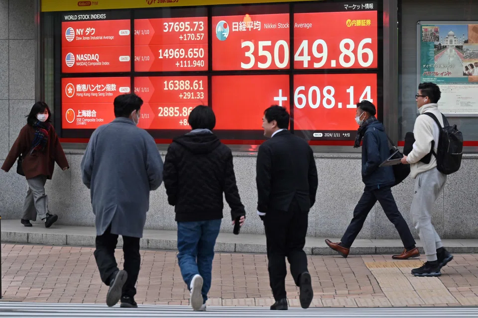 The Nikkei fell back sharply mid-morning in Tokyo after pushing up as much as 1.83 per cent to its highest level since February 1990 at 36,239.22.
