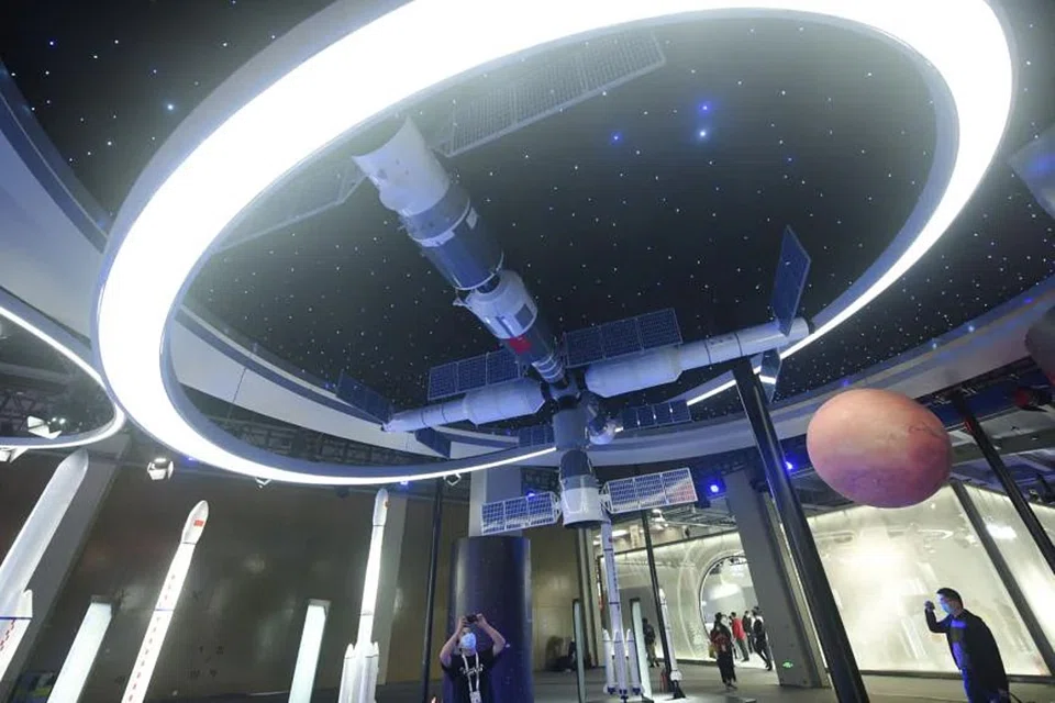 A model of China's Tiangong space station at the Apsara Conference in Hangzhou, Zhejiang province, on October 19, 2021. 