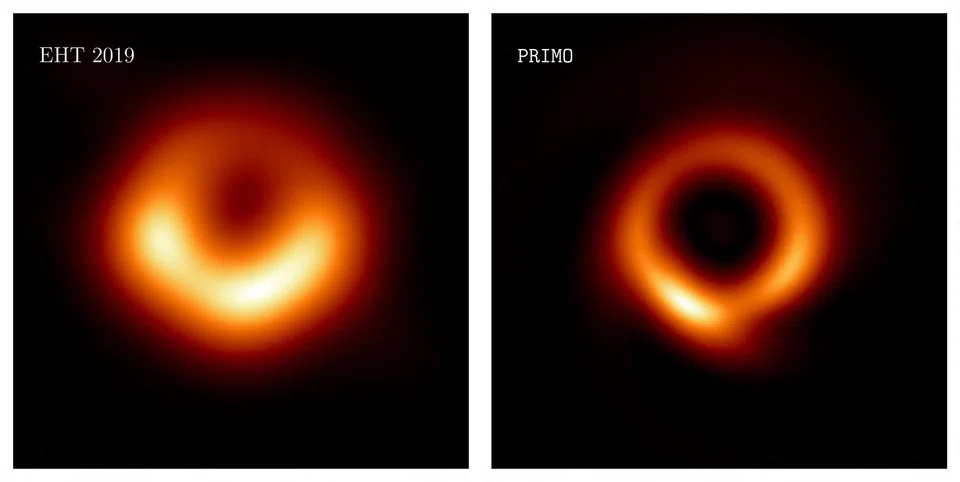 The M87 supermassive black hole as it was originally imaged by the EHT in 2019 (L) and the newly generated image using the Primo algorithm technology (R). 
