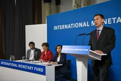 Jeremy Hunt, UK chancellor of the exchequer, speaks during a news conference attended by IMF mission chief for the UK S. Ali Abbas, IMF managing director Kristalina Georgieva and IMF communications director Julie Kozack, in London, UK, May 23, 2023. 
