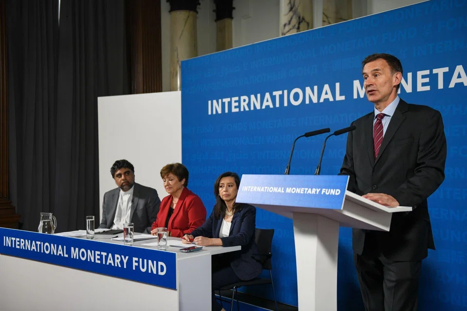 Jeremy Hunt, UK chancellor of the exchequer, speaks during a news conference attended by IMF mission chief for the UK S. Ali Abbas, IMF managing director Kristalina Georgieva and IMF communications director Julie Kozack, in London, UK, May 23, 2023. 