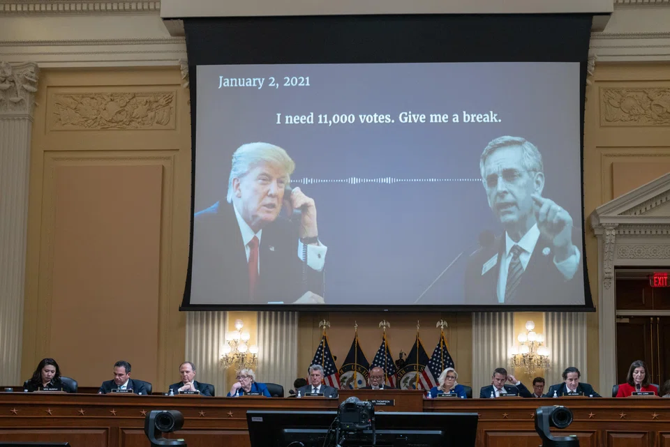 An audio recording of former President Donald Trump talking to Georgia Secretary of State Brad Raffensperger is played during a hearing by the House Select Committee to Investigate the Jan 6 attack on the US Capitol, in Washington, Oct. 13, 2022. A special grand jury that investigated election interference by former Trump and his allies in Georgia recommended indictments of multiple people on a range of charges in its report, most of which remains sealed, the forewoman of the jury Emily Kohrs said.