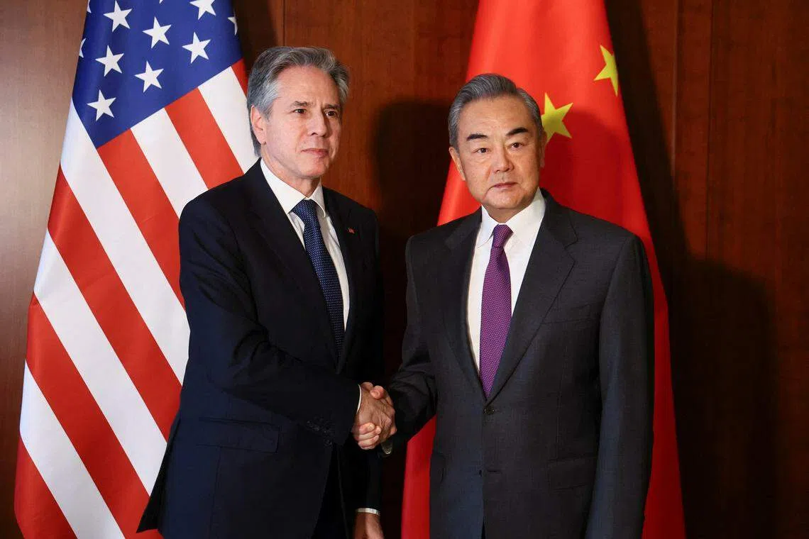 US Secretary of State Antony Blinken meets with Chinese Foreign Minister Wang Yi on the sidelines of the Munich Security Conference in Munich, Germany, Feb 16, 2024. 