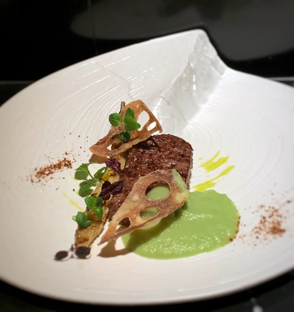 Sendai wagyu served in a refreshin green apple wasabi sauce.