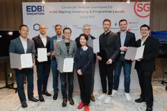 Representatives from the appointed venture studios – BCG Digital Ventures; FutureLabs Ventures; Leap by McKinsey; Next by Bain & Company; Rainmaking; and Wright Partners (in partnership with Ming Labs), along with EDB managing director  Jacqueline Poh and executive vice-president Choo Heng Tong at the MOU signing of the Corporate Venture Launchpad 2.0 programme on July 26, 2022.  