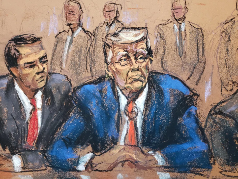In a courtroom sketch, former US President Donald Trump sits next to his attorney Todd Blanche as he faces charges before Magistrate Judge Moxila A. Upadhyaya that he orchestrated a plot to try to overturn his 2020 election loss, Washington, Aug 3, 2023.
