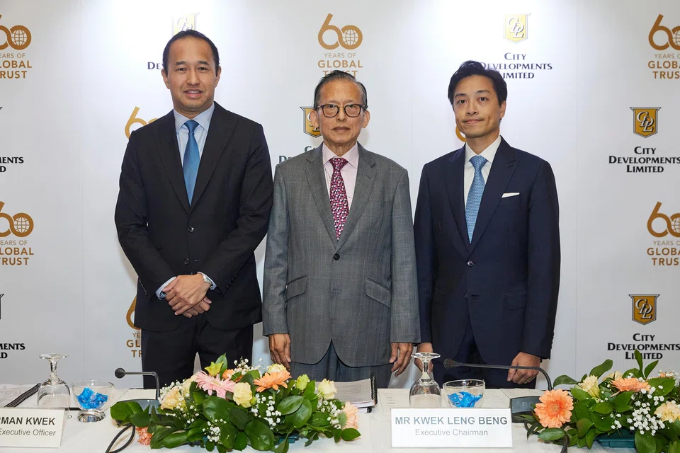 From left: CDL's group CEO Sherman Kwek, executive chairman Kwek Leng Beng and group chief operating officer Kwek Eik Sheng at Thursday's results briefing.