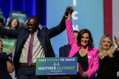 Democratic Governor Gretchen Whitmer (pink) was re-elected in the “blue wall” state of Michigan.