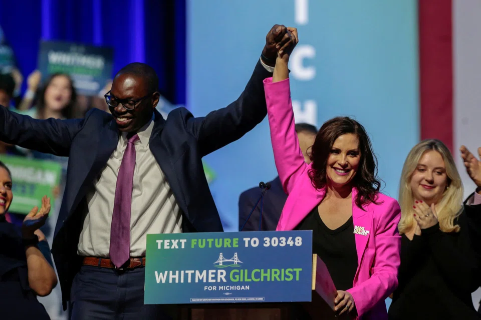 Democratic Governor Gretchen Whitmer (pink) was re-elected in the “blue wall” state of Michigan.