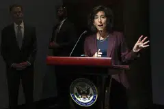 US Commerce Secretary Gina Raimondo delivers her speech at a reception with US Industry and Chinese government officials, Beijing, China, Aug 28, 2023.  