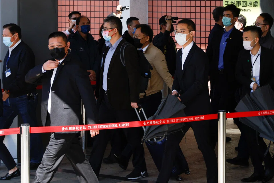 Liu Xiaodong, deputy head of the Shanghai office of China's Taiwan Affairs Office and head of the delegation of Chinese officials visiting Taiwan, walks out of the arrival hall at Songshan Airport in Taipei, Taiwan, Feb 18, 2023. 