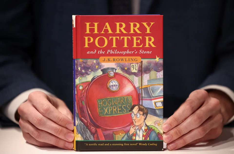 A rare first edition and signed by the author copy of 'Harry Potter and the Philosophers Stone' by British author J K  Rowling, which is to be put up for auction at Christie's auction house in London. 
