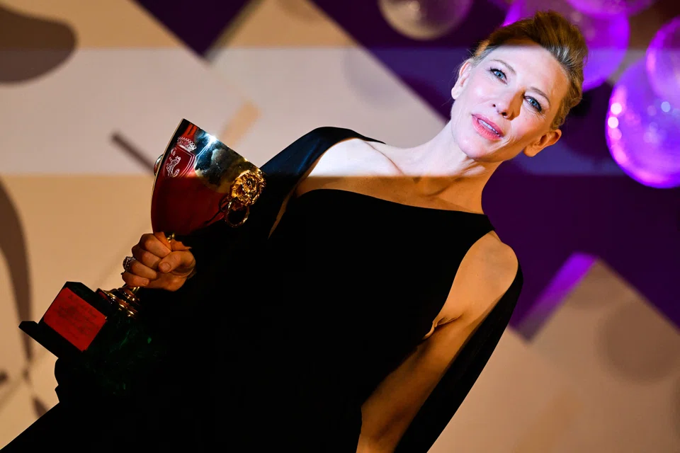 Cate Blanchett with the Coppa Volpi for Best Actress, which she won for her complex and challenging role in "Tar" as a renowned classical music conductor accused of inappropriate liaisons with female colleagues.