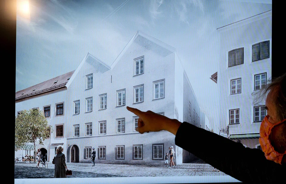 A screen showing the chosen plan for the architectural redesign of Adolf Hitler's birth house, during a press conference at the Austrian Interior ministry in Vienna in 2020. 