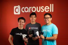 Carousell chief executive Quek Siu Rui (centre) with Laku6 co-founders Alvin Yap (left) and Heng Shing Kae.