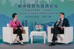 Minister of State for Trade and Industry Low Yen Ling (left) in conversation with CEO Singapore Business Federation Kok Ping Soon. Low shared insights on how Singapore and China can forge stronger economic ties in areas of sustainability, digital economy and e-commerce. PHOTO: SINGAPORE BUSINESS FEDERATION