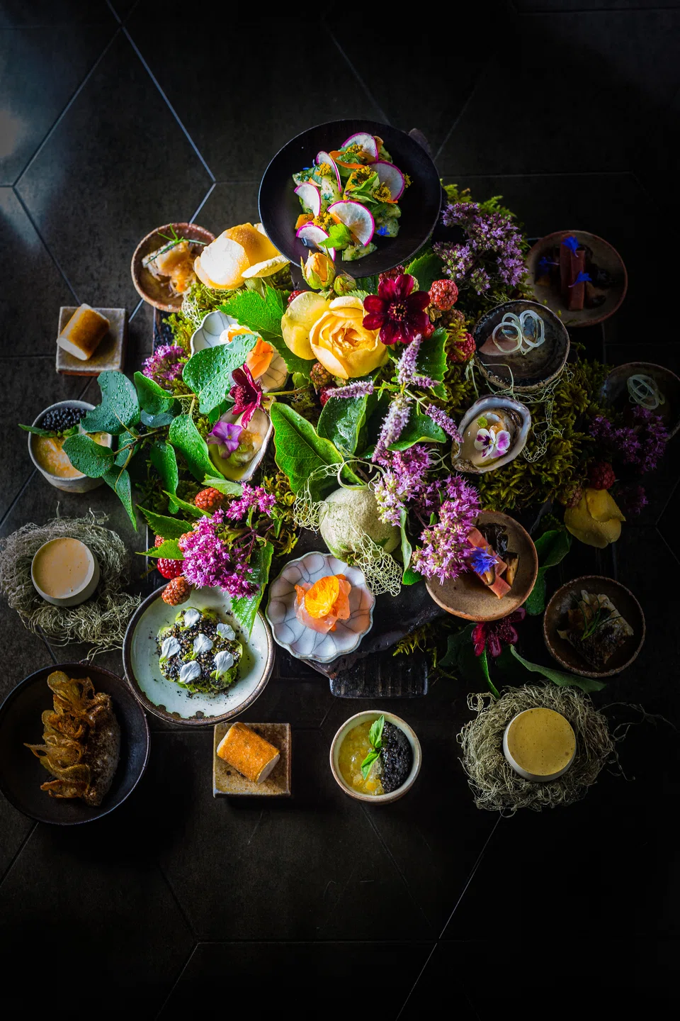 SingleThread's elaborately designed appetiser spread, Mid Summer in Singapore and Sonoma.