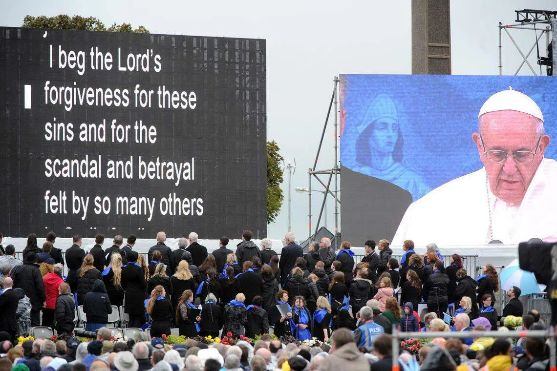A choir looks up at Pope Francis’ speech asking for for forgiveness for clerical child abuse at Knock shrine in Mayo, Ireland. August 26, 2018. Michal Gutowski, an investigator, said that late Polish pope John Paul II, then known as Karol Wojtyla, knew of cases of paedophile priests within the church while still a cardinal in Krakow.