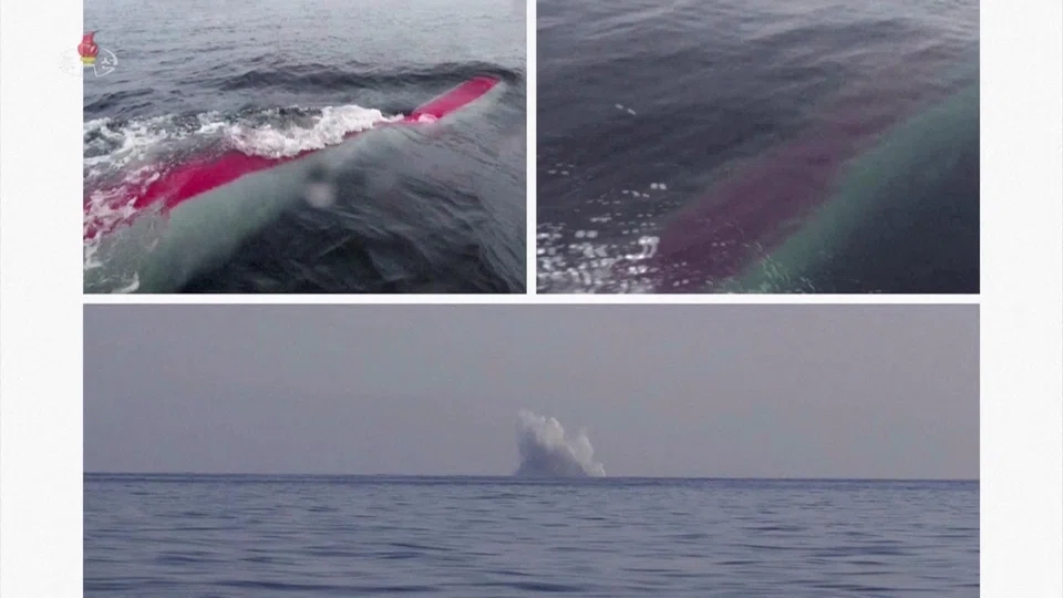 A screen grab shows shows an underwater strategic weapons system test by North Korea at an undisclosed location in this undated combination still image used in a video.  