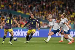 Players vie for the ball during the 2023 Women's World Cup quarter-final match between Colombia and England in Sydney on Aug 12. So far, more than 1.8 million tickets have been sold for the sporting event, breaking the previous record of 1.3 million in Canada in 2015.