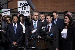 Justin Nelson, co-lead counsel for Dominion Voting Systems in its defamation lawsuits, speaks at a news conference with colleagues and John Poulo (centre) Dominion’s chief executive, following a settlement in their defamation lawsuit against Fox News at the Delaware Superior Court in Wilmington, Delaware, April 18, 2023. 