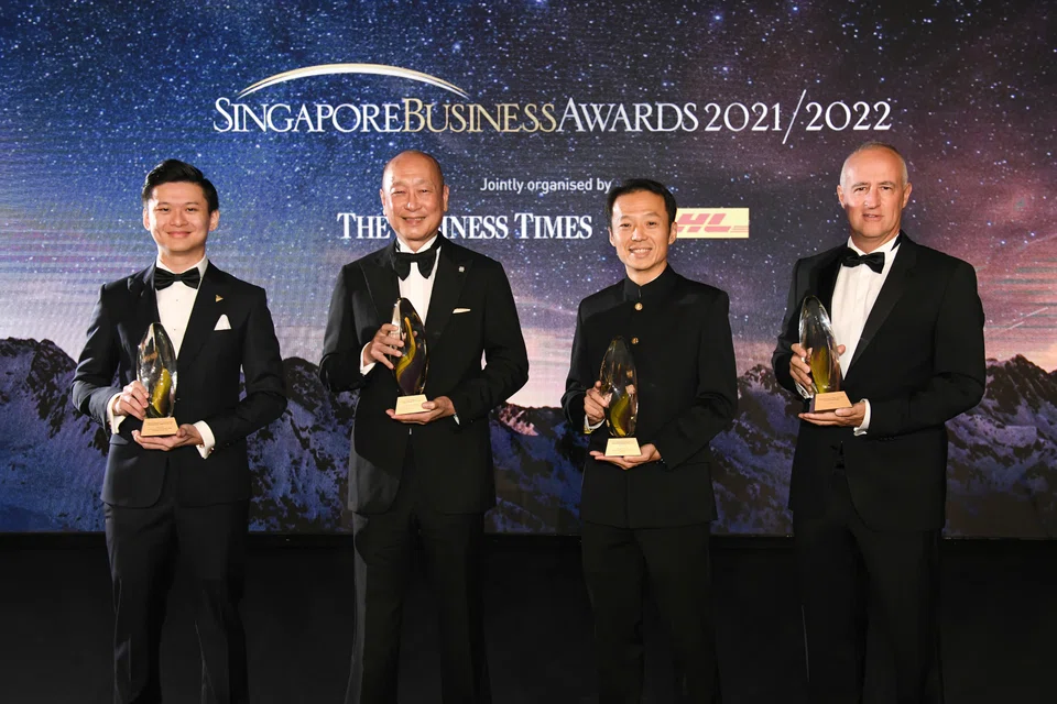The award winners, from left: Ian Ang, co-founder and CEO, Secretlab SG (Young Business Leader of the Year); Businessman of the Year, Wee Ee Cheong, deputy chairman & CEO, UOB; Lee Chee Koon, president & group CEO,
CapitaLand Investment (Outstanding Chief Executive of the Year) and Laurent Junique, founder & CEO, TDCX (The Enterprise Award).