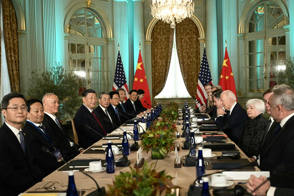 US President Joe Biden holding talks with Chinese President Xi Jinping in Woodside, California on Nov 15, 2023. The US administration maintains that engaging with China is key to minimising the chance that some inadvertent clash veers into an outright conflict. 