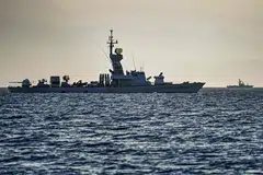 An Israeli navy missile boat patrols the Red Sea off the coast of Israel's southern port city of Eliat. The Houthis have vowed to continue their attacks until Israel halts the conflict in Gaza. 